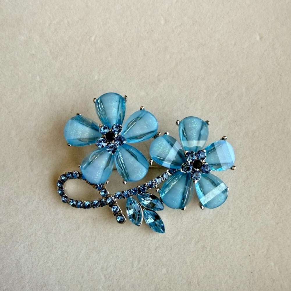 Blue Flowers Brooch Rhinestone Floral Silver Tone Double Blossom Statement Pin